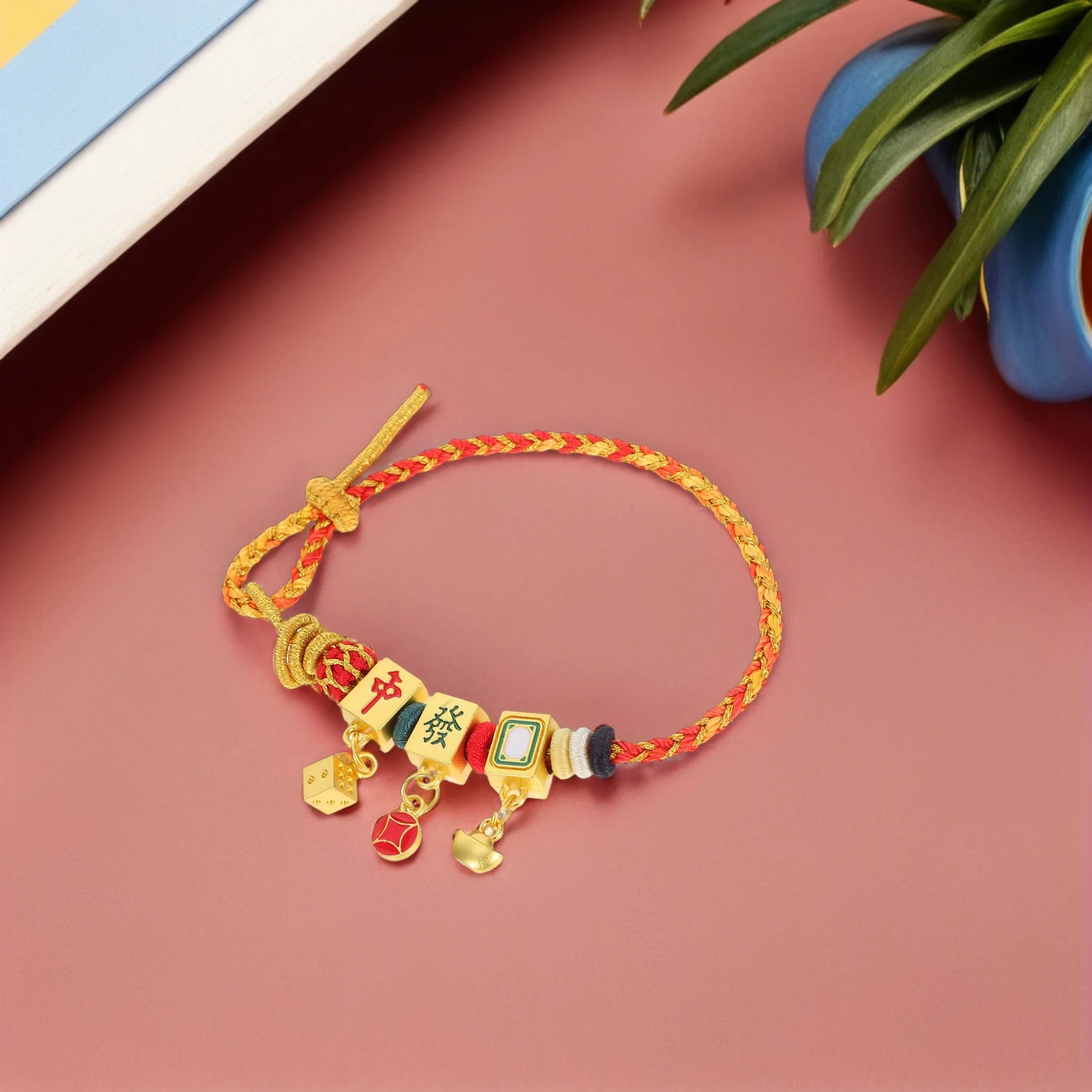 

Mahjong Bracelet Red Rope Handmade Couple Adjustable Stylish Wealth Bracelet Traditional Chinese Woven Wristband