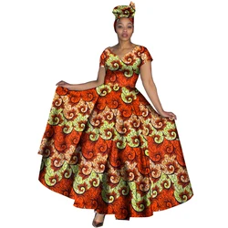 Fashion Women Clothes African Dresses Ankara Print V-neck Maix Long Dresses with Head Scarf Dashiki Women Outfit WY749