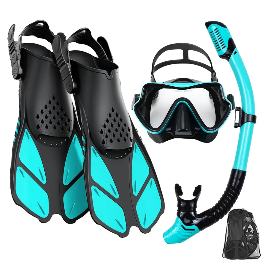 

Mask Fins Snorkel Set, Snorkeling Gear for Adults, Panoramic View Snorkel Mask Anti-Fog, Adjustable Dive Flippers, Dry Top Snork