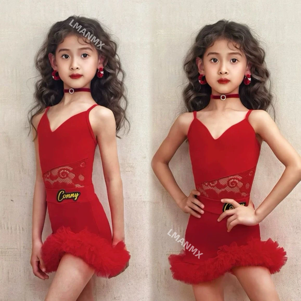 

Детская латинская танцевальная весенне-летняя красная подтяжка, пушистая марля, игривая танцевальная одежда для девочек