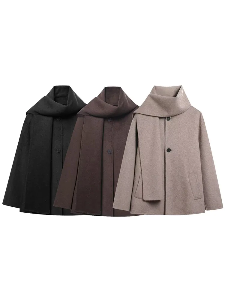 

Женские осенне-зимние куртки 2025, новая мода, куртка с шарфом и воротником, длинными рукавами и пуговицами, женские уличные элегантные новые короткие пальто