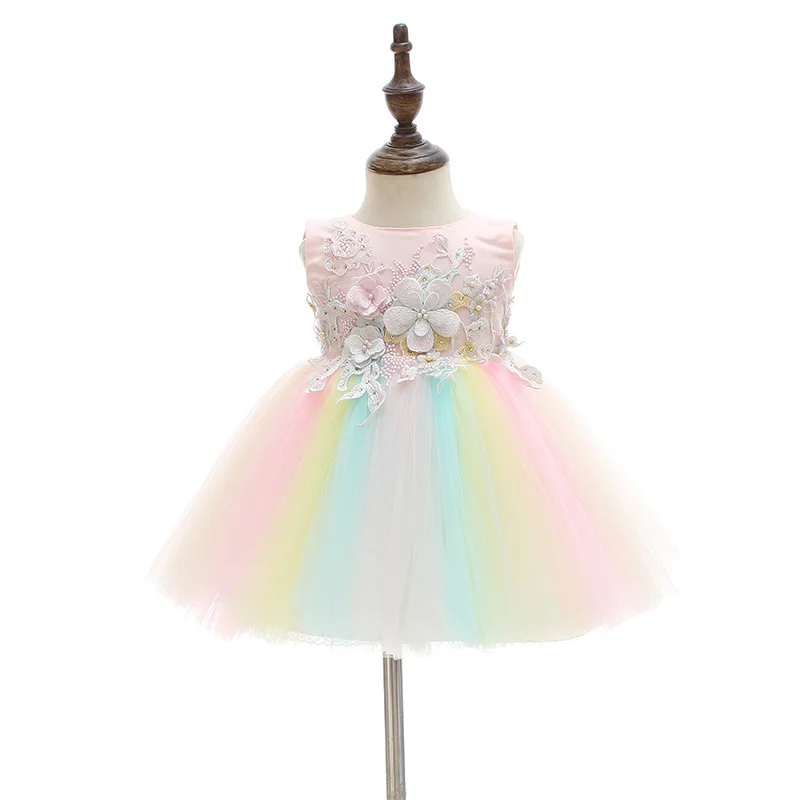 Rainbow Floral Dress Baby Girl Birthday Pink Weddings Vestido Christmas Gowns 0-24Month Baby Clothes OBF204008