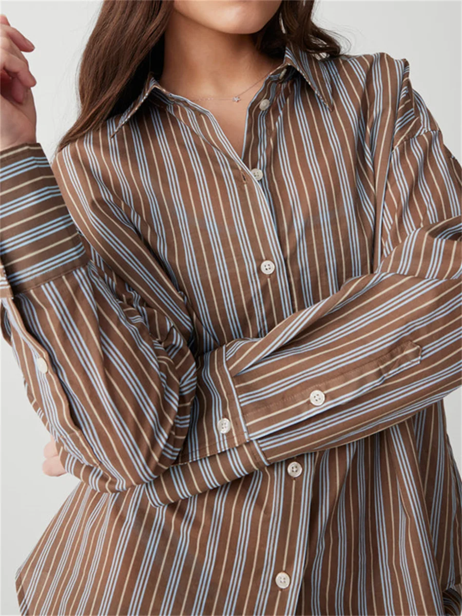 Women Fashion Striped Blouse Pants Suit Lace Up Long Sleeve Shirt Wide Leg Trousers Vintage Two Piece Set Streetwear