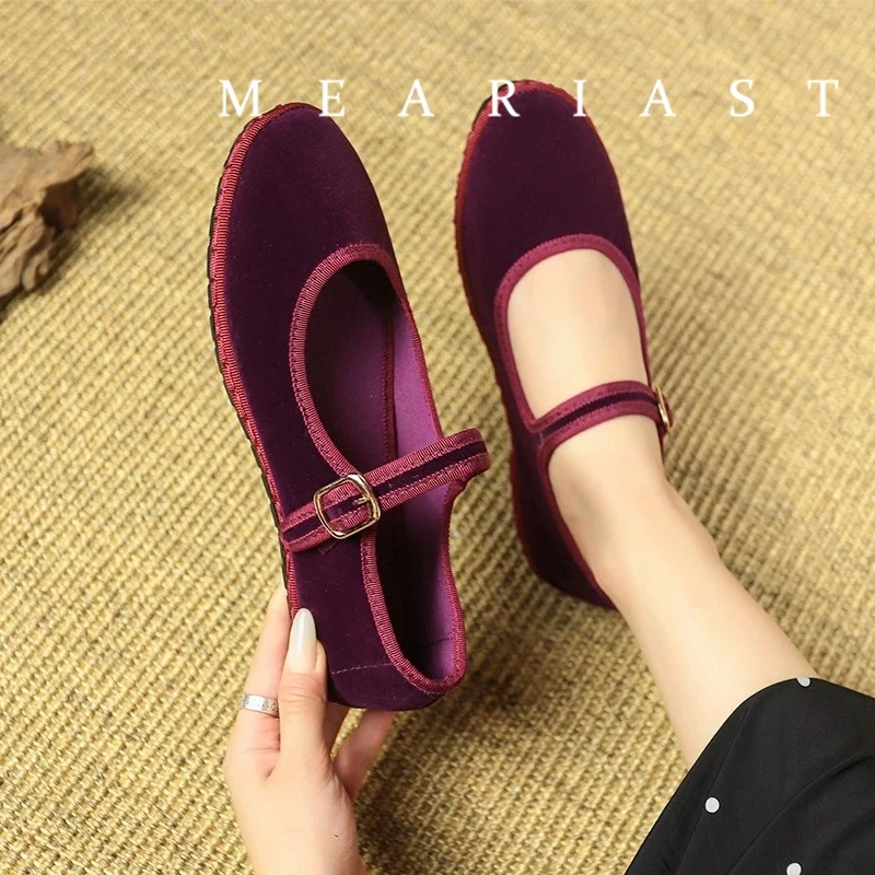 Red Mary Jeans Flats Shoes Women Round Toe Hand Stitch Velvet Cloth Shoes Ladies Casual Soft Comfortable Ballet Shoes Loafers view 4