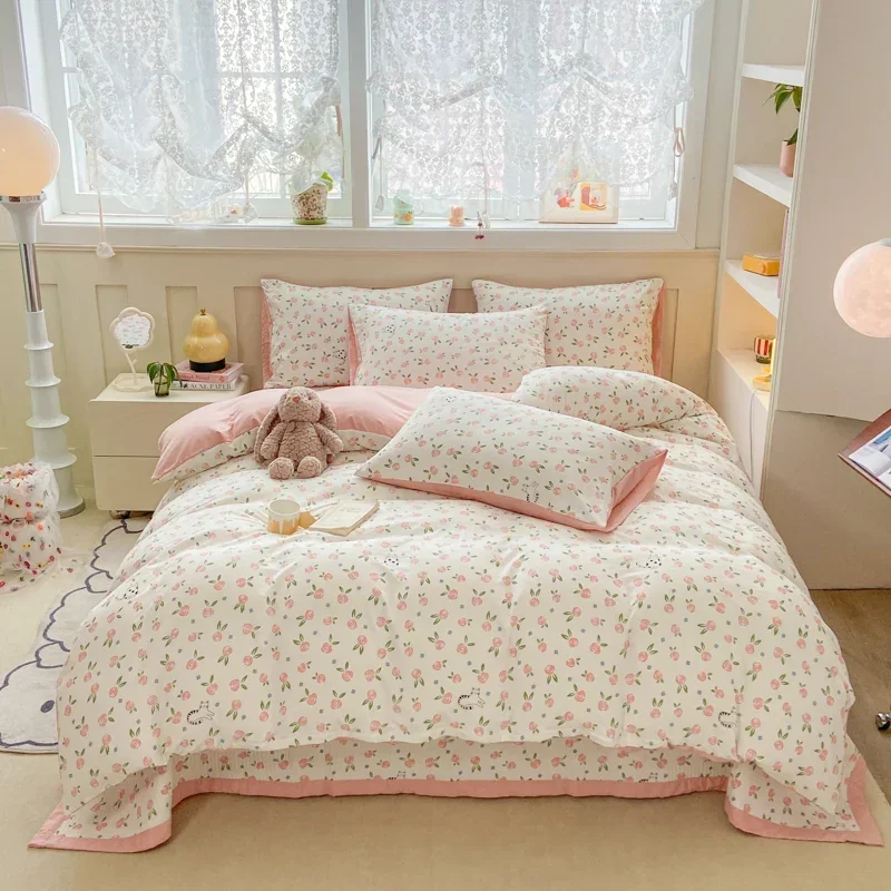 Plant Floral Duvet Cover 3 Piece Set, Cute Cartoon Cat Pattern Bedding Set, Women Kids Girls Bedroom Decorative Pink Quilt Cover