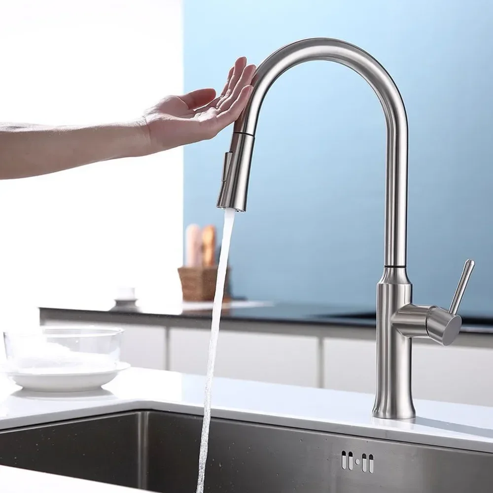スマートタッチキッチン蛇口、センサー用クレーン、蛇口、シンクミキサー、回転、真ちゅう、黒