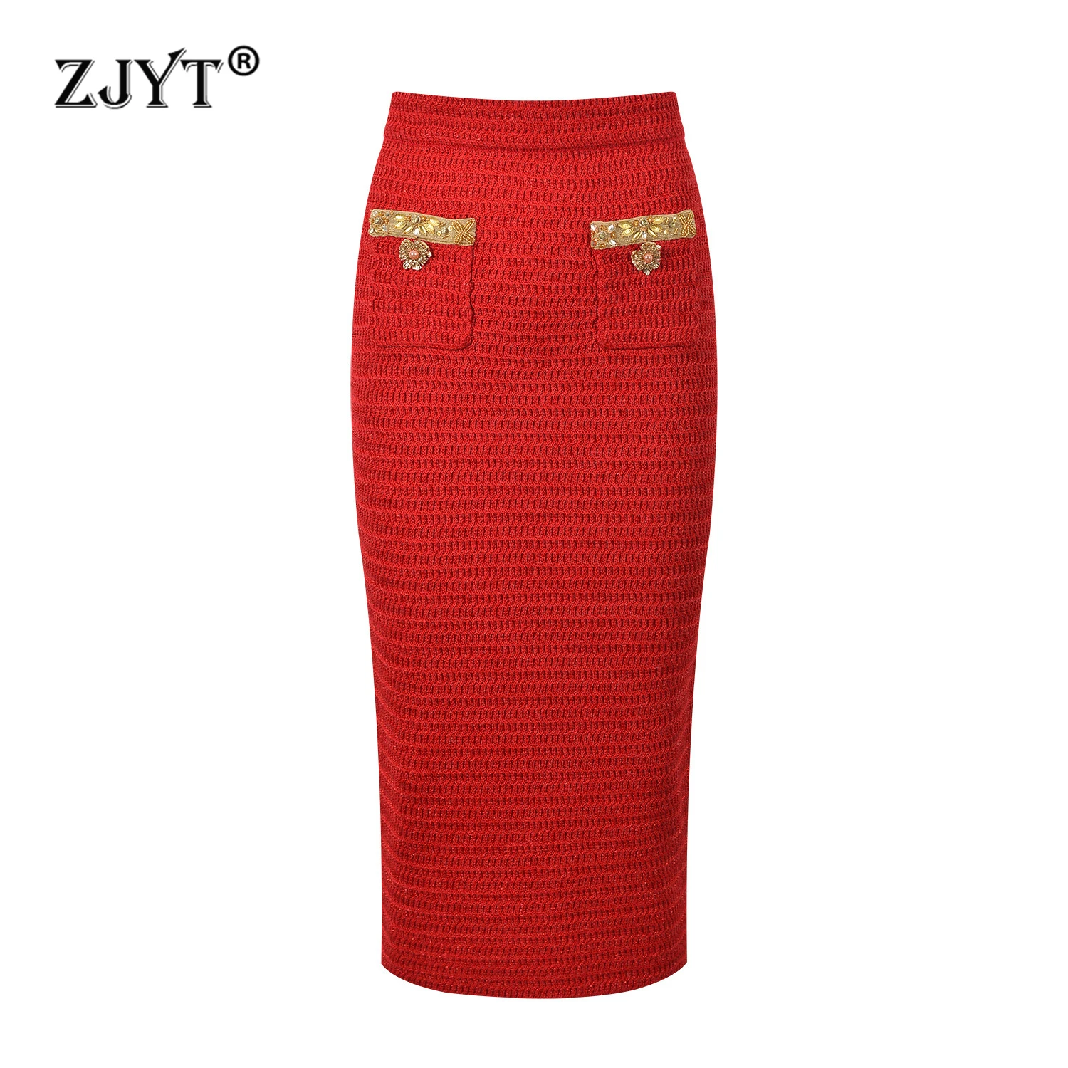 ZJYT Luxury Beading Knitted Midi Skirts for Women 2026 Fashion Elastic Waist Red Pencil Skirt Party Female Faldas Woman Autumn