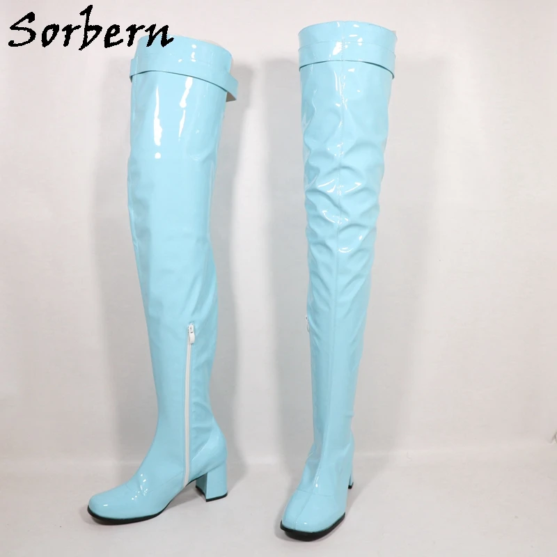 Sorbern Custom Wide Calf Light Blue Boots Women Square Toes 70S GOGO Boots Hollow Out Back Custom