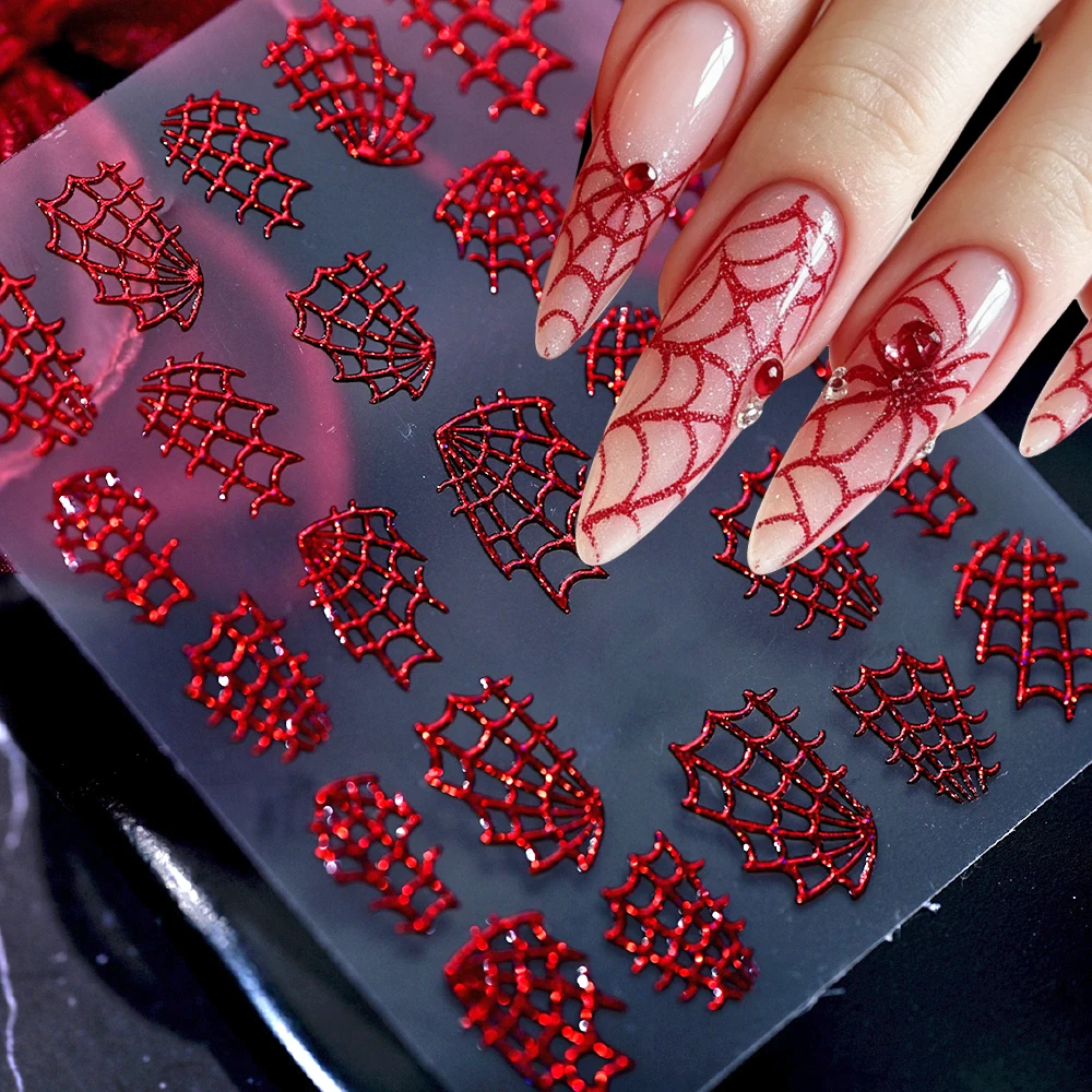 1sheet Scarlet Spider Web Halloween Nail Stickers Laser Silver-purple Pink Glitter Spider Web Nail Decals Cool Cobweb Manicure