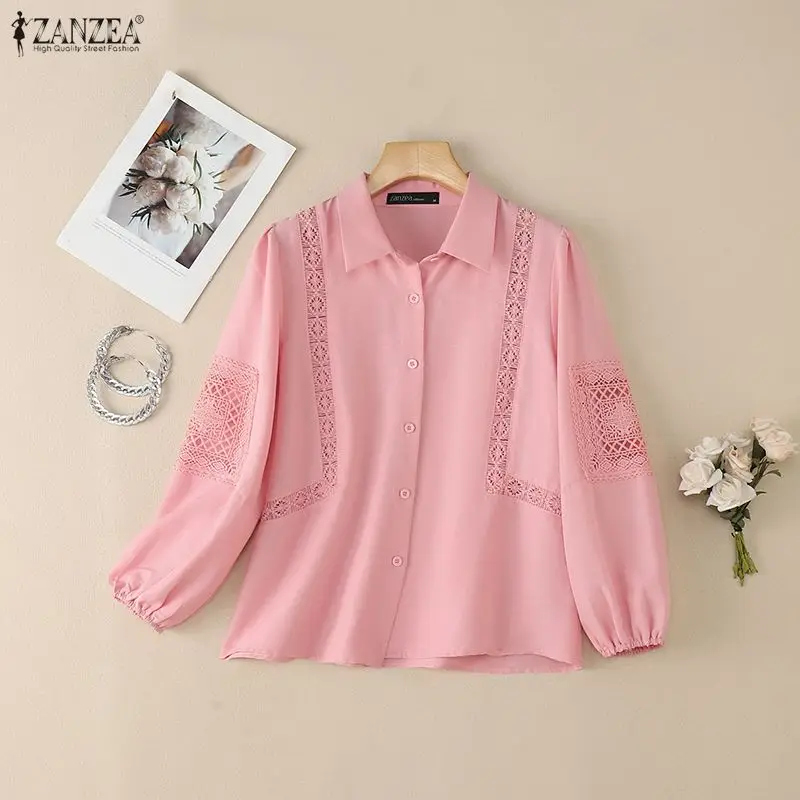 

2026 ZANZEA Fashion Women Shirts Long Sleeve Lace Patchwork Blouse Autumn Lapel Casual Loose Tunic Tops Elegant Streetwear Blusa