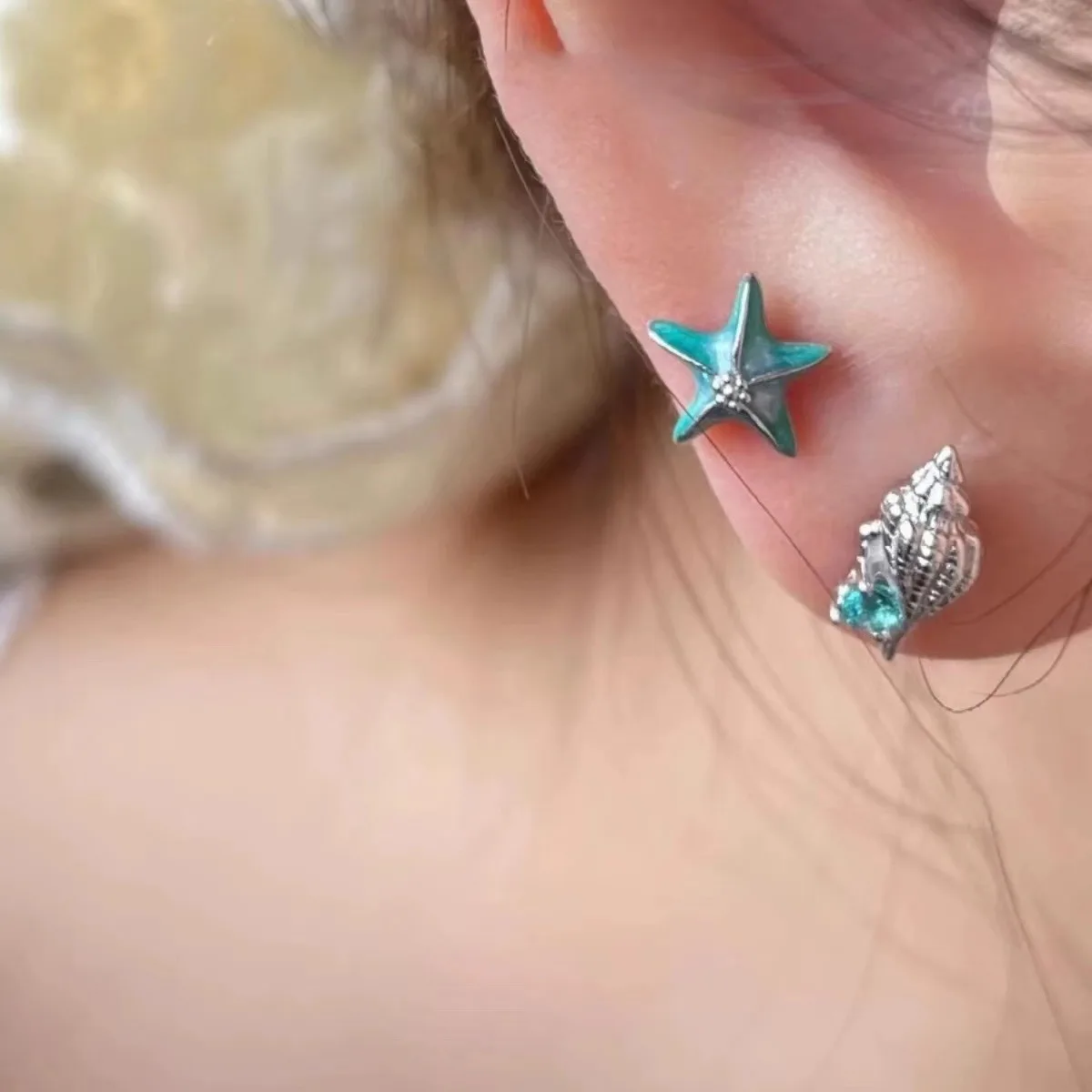 Blue green enamel conch shell earings stud unique ocean elements trend earrings for women silver 925 cute fine jewelry gift