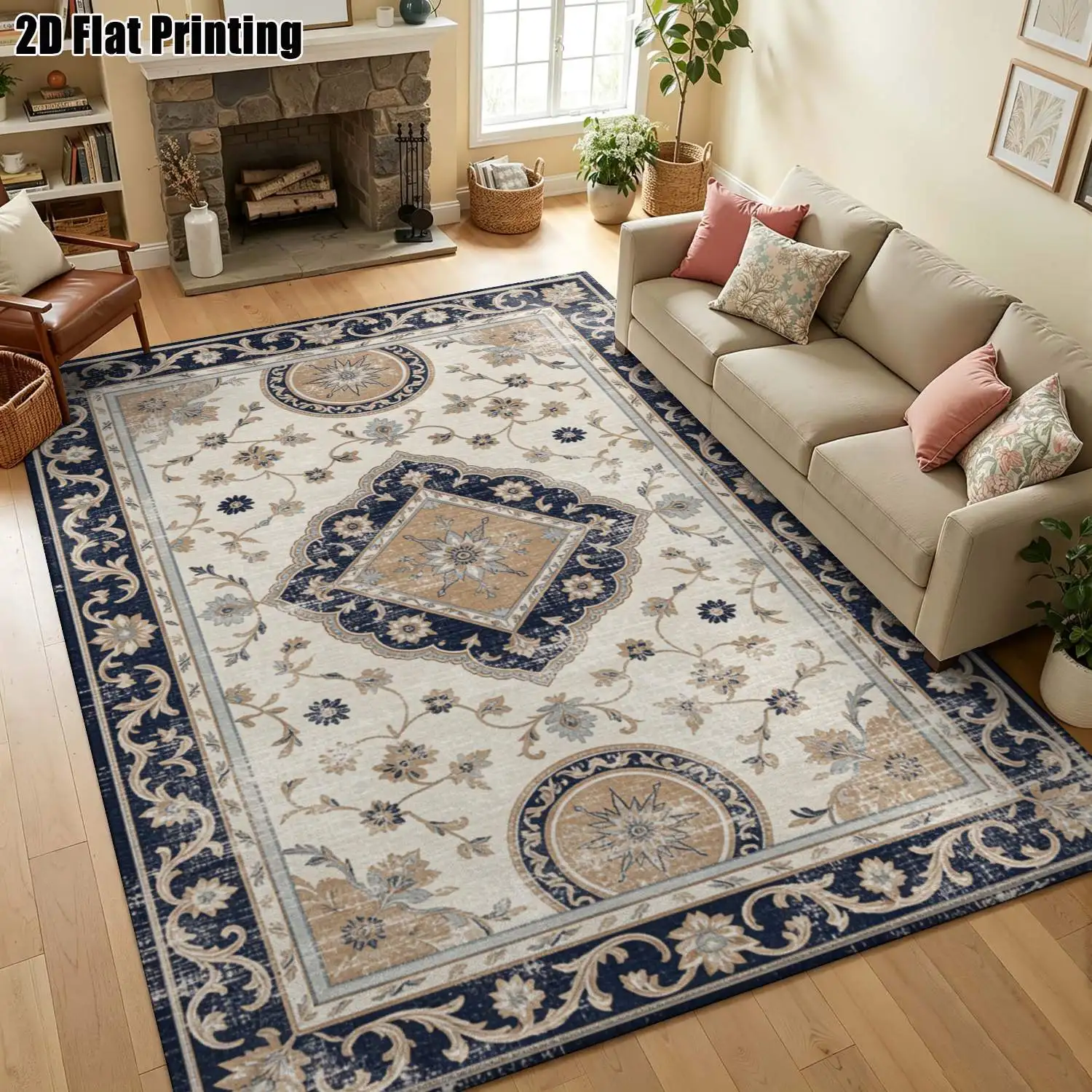 1Pc 2D Printed Carpet with Blue-Gray Scrolling Floral Patterns Ideal Home Decor, Machine Washable, Multi-Size, Suitable for Use in Multiple Settings.