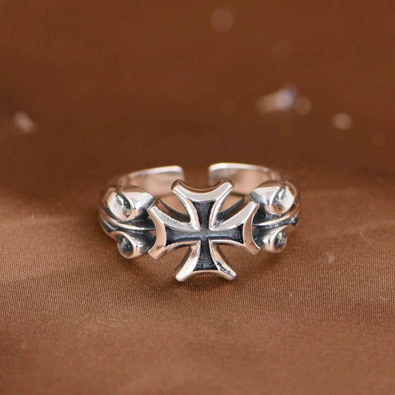 Thai Silver Ring Vintage Fashionable Personality Versatile Punk Cross Ring Men's and Women's Rings KOFSAC