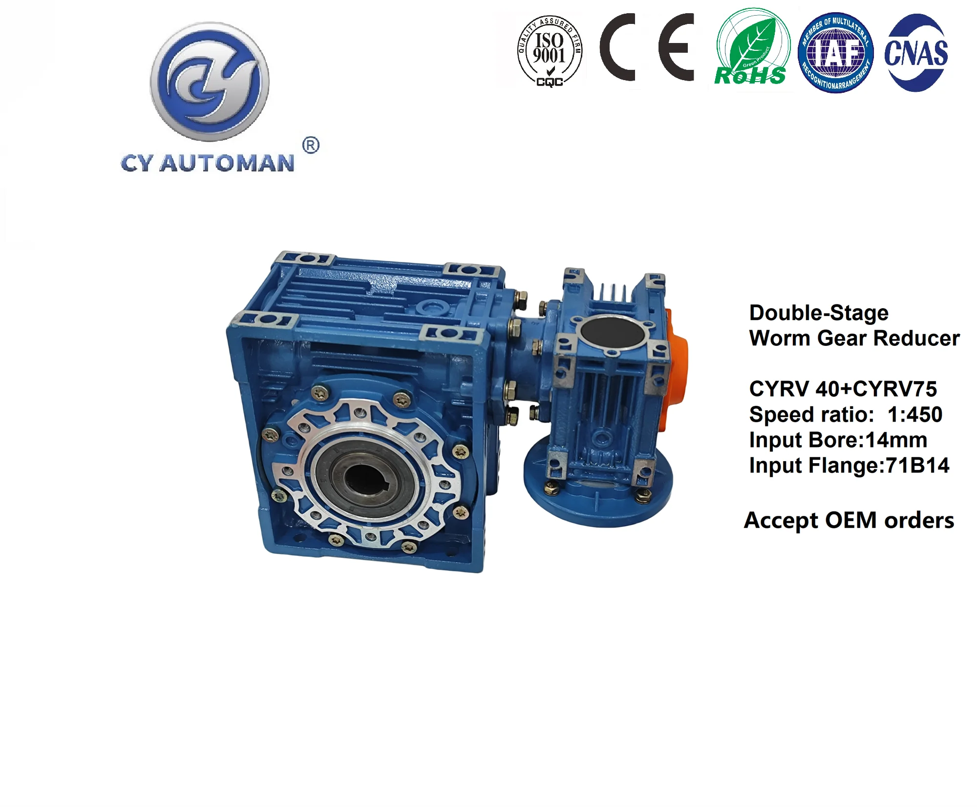 

CY Automan Free Maintenance Double -Stage Worm Gear Reducer NMRV40+CYRV75 Input Bore14mm Input 71B14 Speed Ratio 450:1