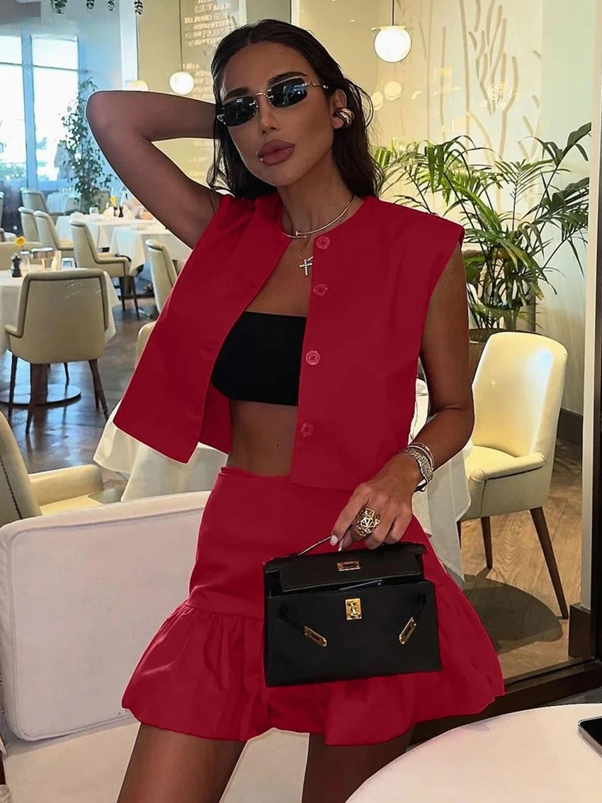 

2026 Summer New Fashionable Sleeveless Vest Single Breasted Dress Set Casual Women's Loose Red Fishtail Skirt Two-Piece Set