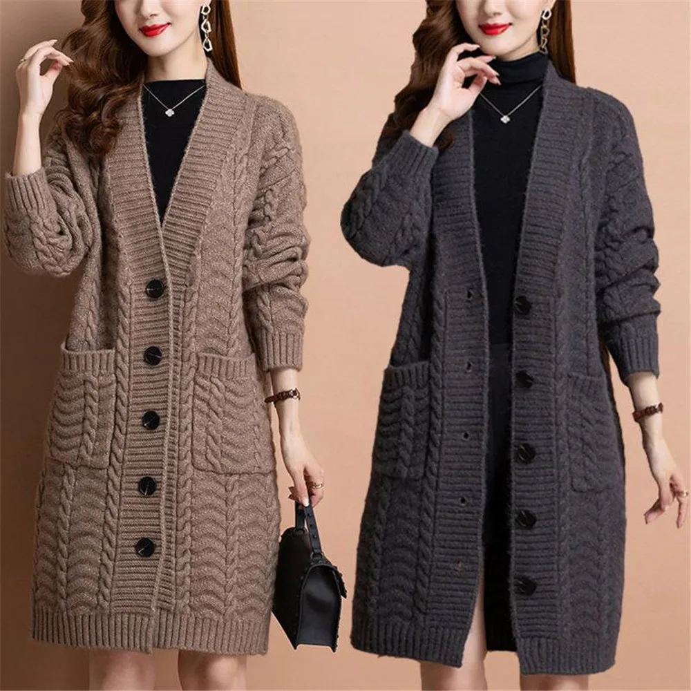 Elegant V Neck Knitted Sweater Cardigans Women Autumn Long Sleeve Loose Oversized Sweater Korean Basic Single Breasted Coat Tops