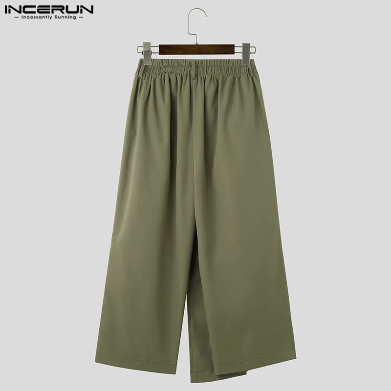 INCERUN Men Irregular Pants Solid Color Elastic Waist Loose Pleated Joggers Trousers Men Streetwear 2024 Fashion Casual Pants