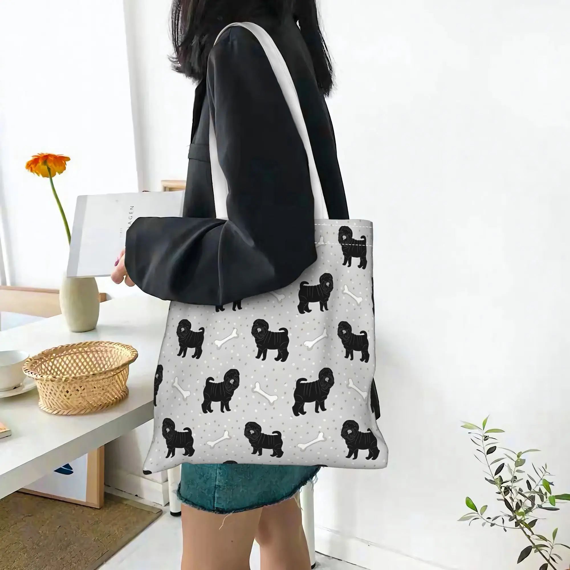 1pc of 2D Flat Print, Adorable Shar Pei Puppy Tote Bag for Women - Lightweight Open-Top Shopping Bag with Durable Handles, Minim
