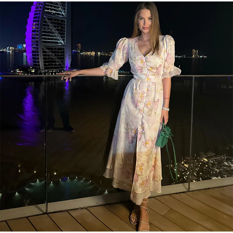 Elegant Ruffle Women's Long Dresses V Neck Half Sleeve Button Waist Cinching Pleated Dress 2026 Spring Lady Fashion Party Robes