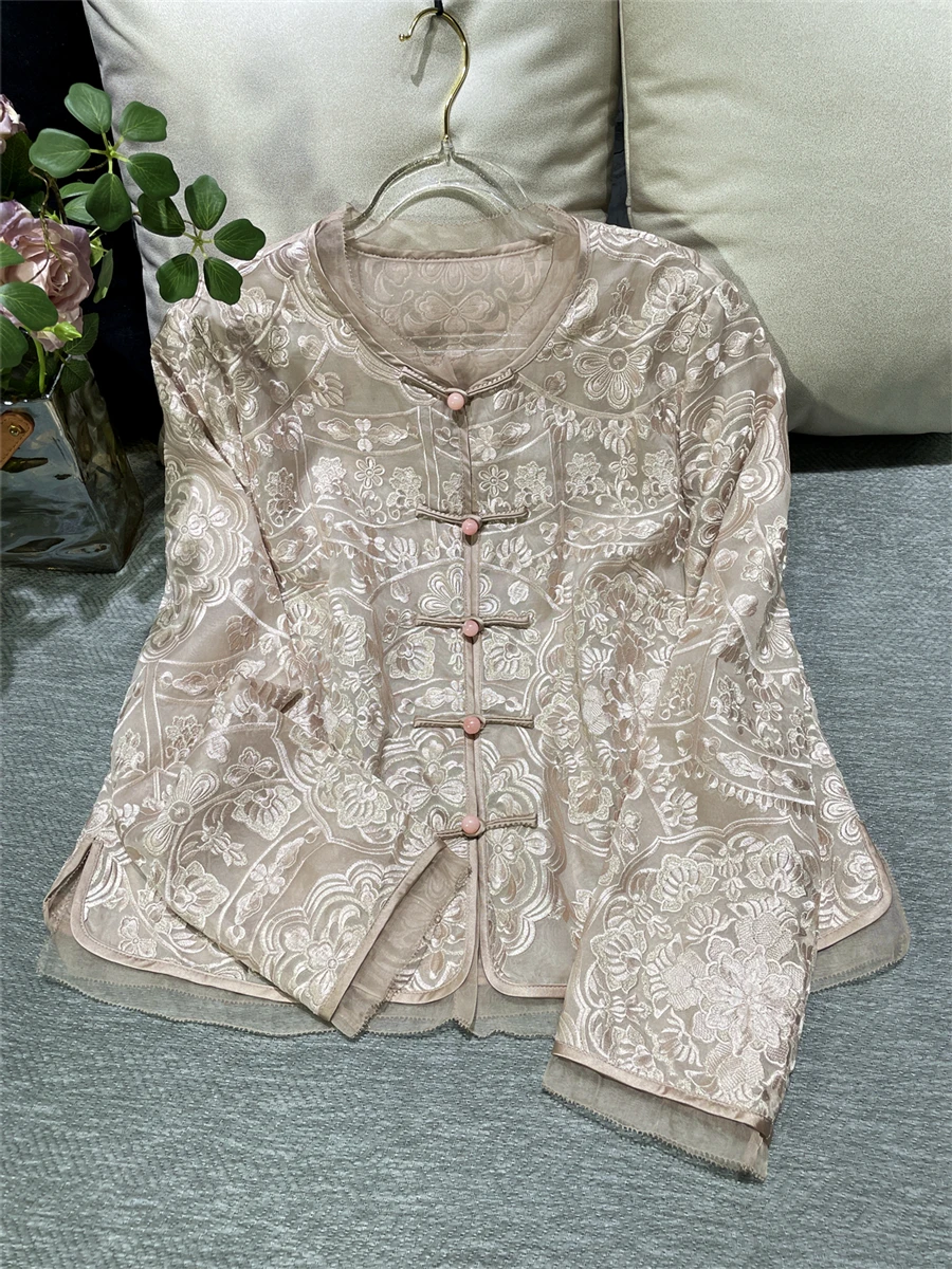 

Ele New Chinese Sle Silk Embroidered Button up Outerwear High Quali Luxury Feel Loose Fit Long Sve round Ne Top