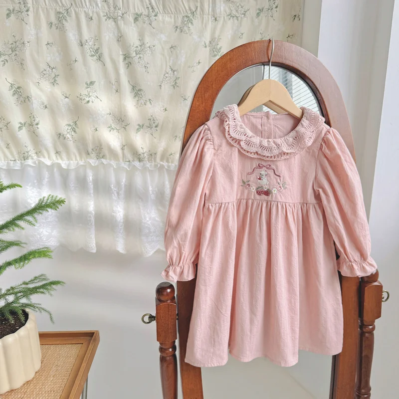 

Children's Clothing Cartoon Embroidered Lotus Collar Girl Dress2024Autumn Jacquard Cotton Children's Princess Dress