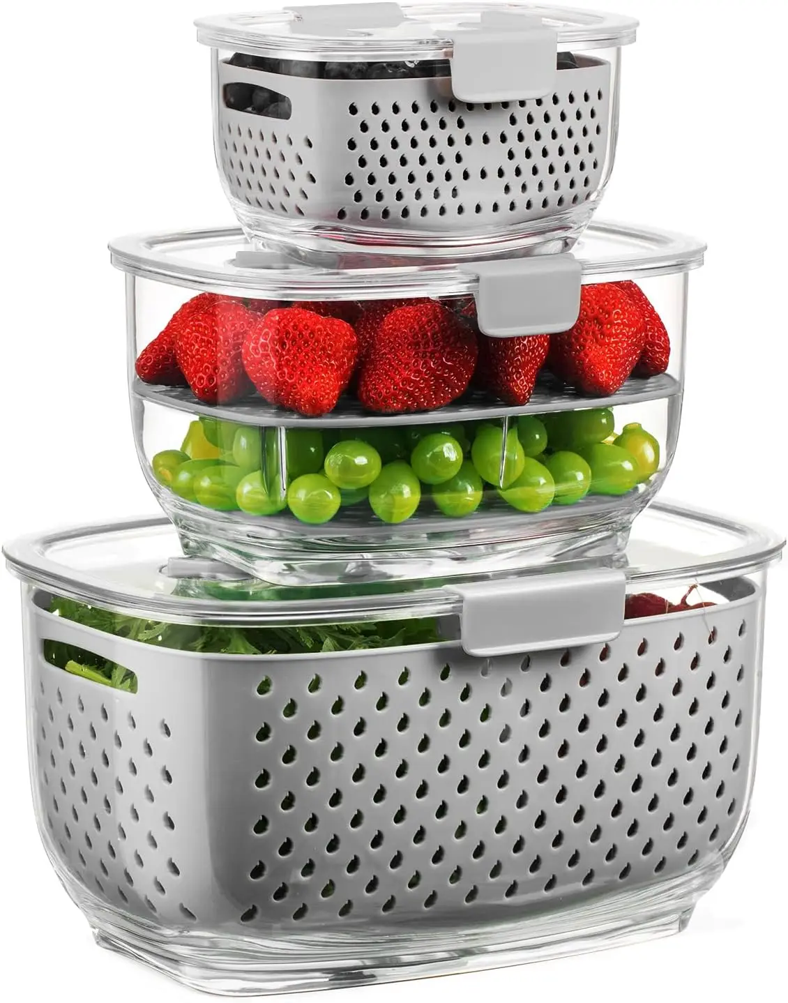 

Fresh Produce Vegetable Fruit Storage Containers 3Piece Set, BPA-free Fridge Storage Container, Partitioned Salad Container