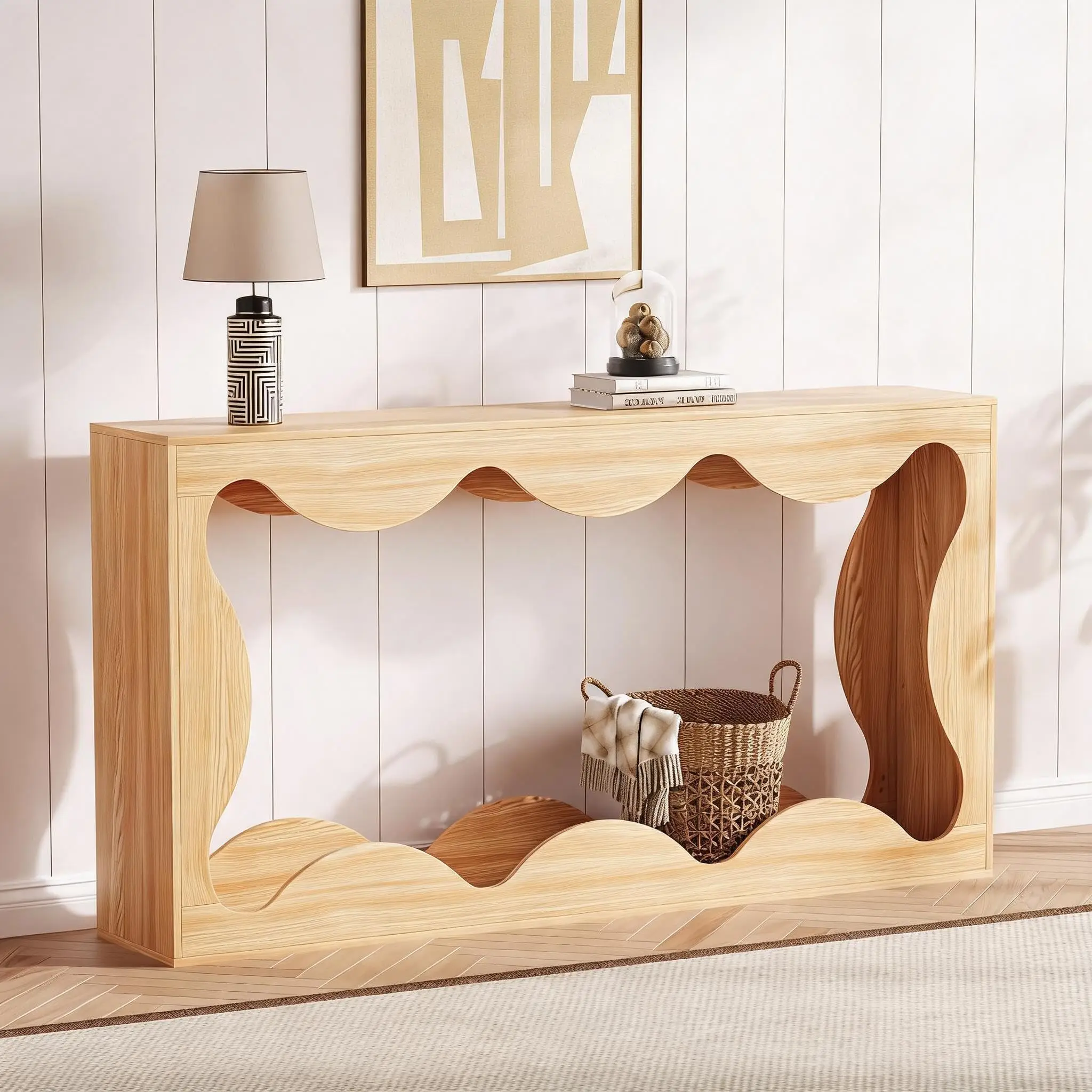 【Super Deal】63 Inch Farmhouse Scalloped Console Table with Storage Shelf, Wood