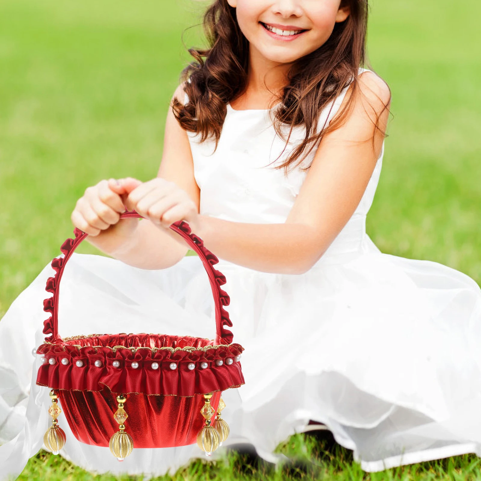 

Pearl Flower Petal Basket White Gold Wedding Basket Wedding Baskets Rustic Elegant Petal Storage Container