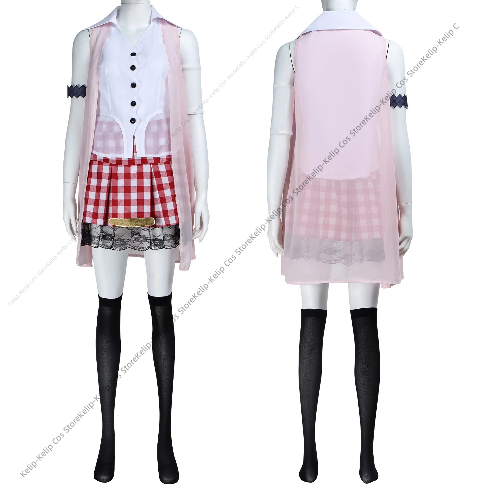 Farron Cosplay Costume Pink Shawl Grid Skirt Wig Adult Woman Sexy Cute Daily Leisure Suit view 5