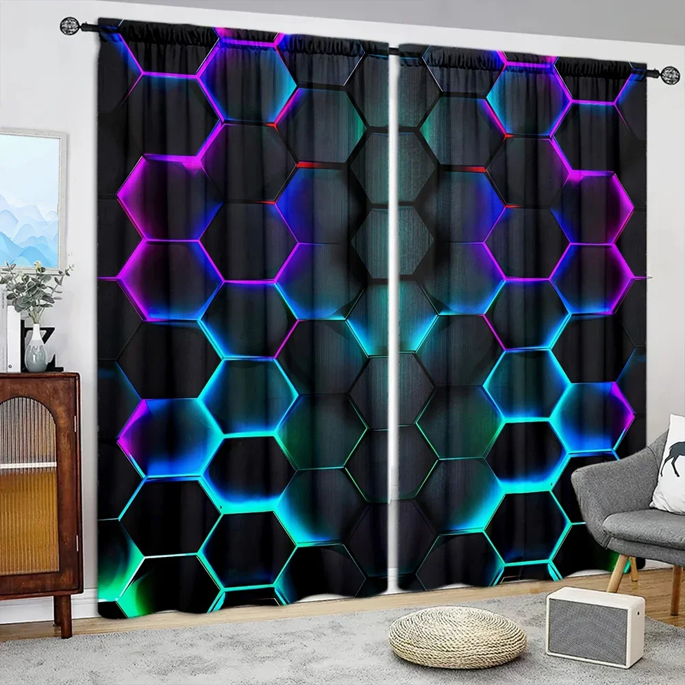 2pcs Futurism Hexagonal Art Printed Curtain for Home Decor - Rod Pocket Window Treatment for Bedroom,Office,Kitchen,Living Room