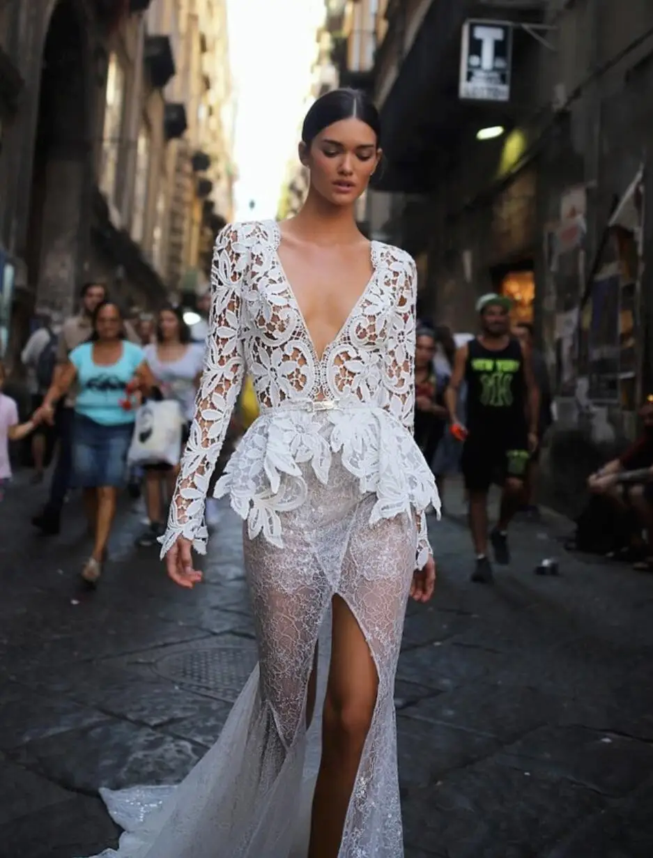 

Sexy Mermaid Evening Dresses Deep V-Neck Appliques Lace Backless High Split Party Special Occasion Gown Bridal Gown Customized