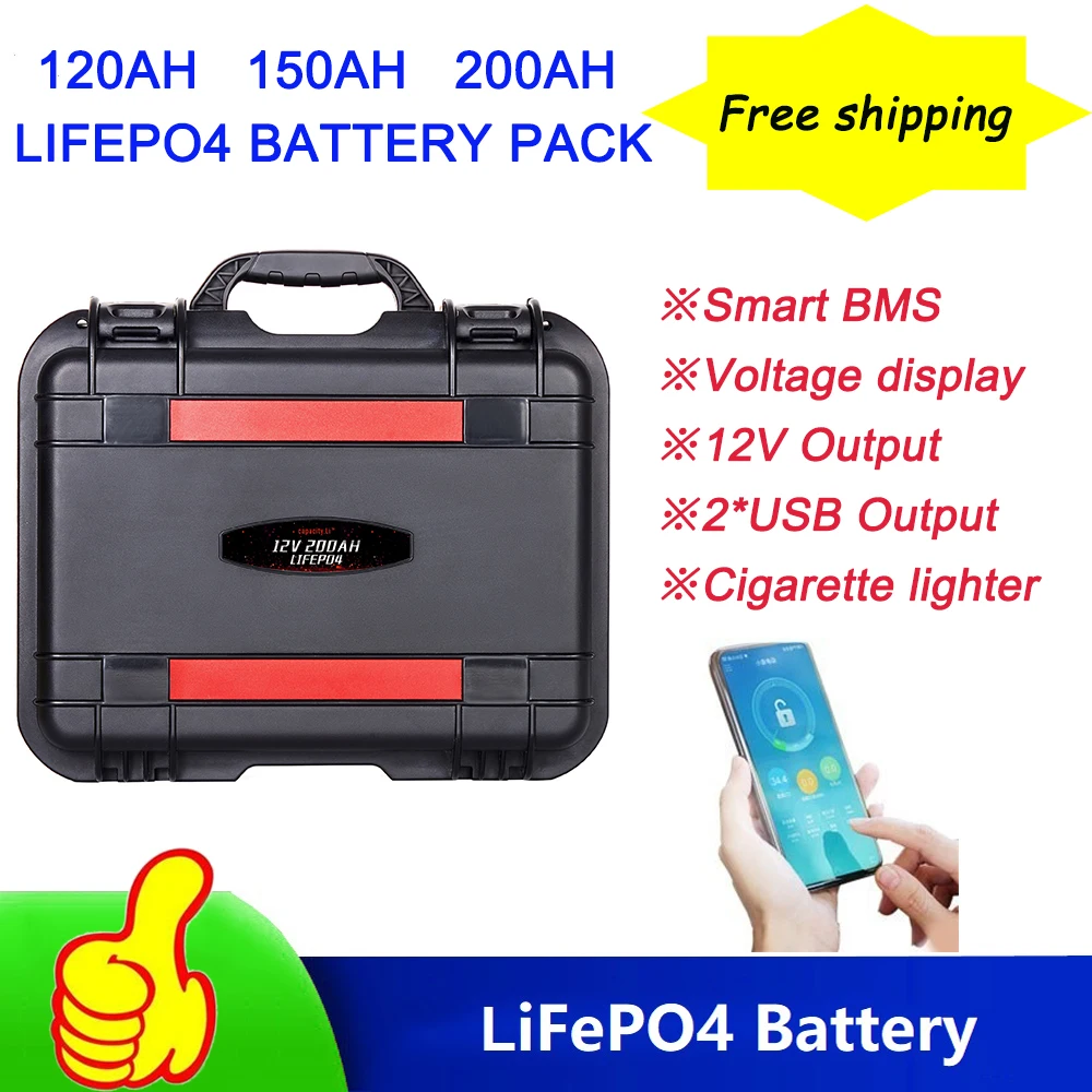 12V 120AH 150AH 200AH BMS LiFePO4 Battery Pack Waterproof Llithium Ion Output for RV Marine Motor Solar Light Sweeper Camping