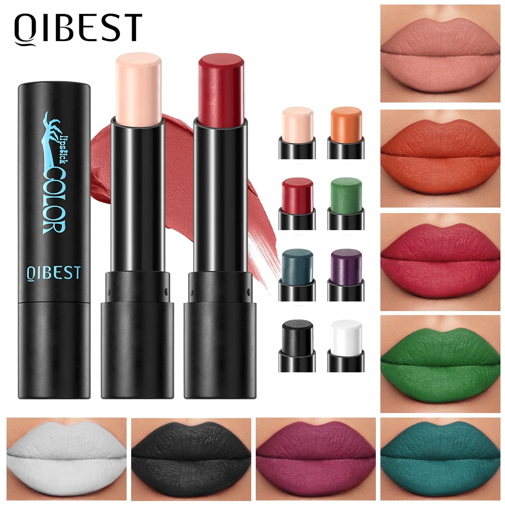 QIBEST 8 color Matte Velvet Lipstick Waterproof Nude Black Lip tint Makeup Lip Stain Red Orange White Makeup For Women Halloween