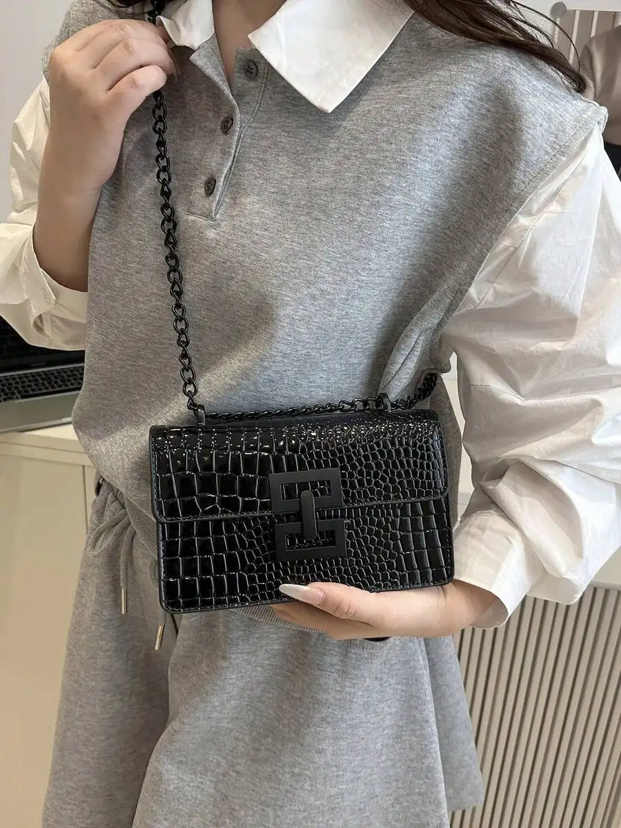 Mini bolso de hombro retro de moda para mujer, bolso cruzado ligero con cadena de metal, material de PU, bolso cuadrado informal con solapa, bolso de piel de cocodrilo, bolso de compras para niña, adecuado para el desplazamiento diario de las mujeres, compacto y portátil, para la oficina