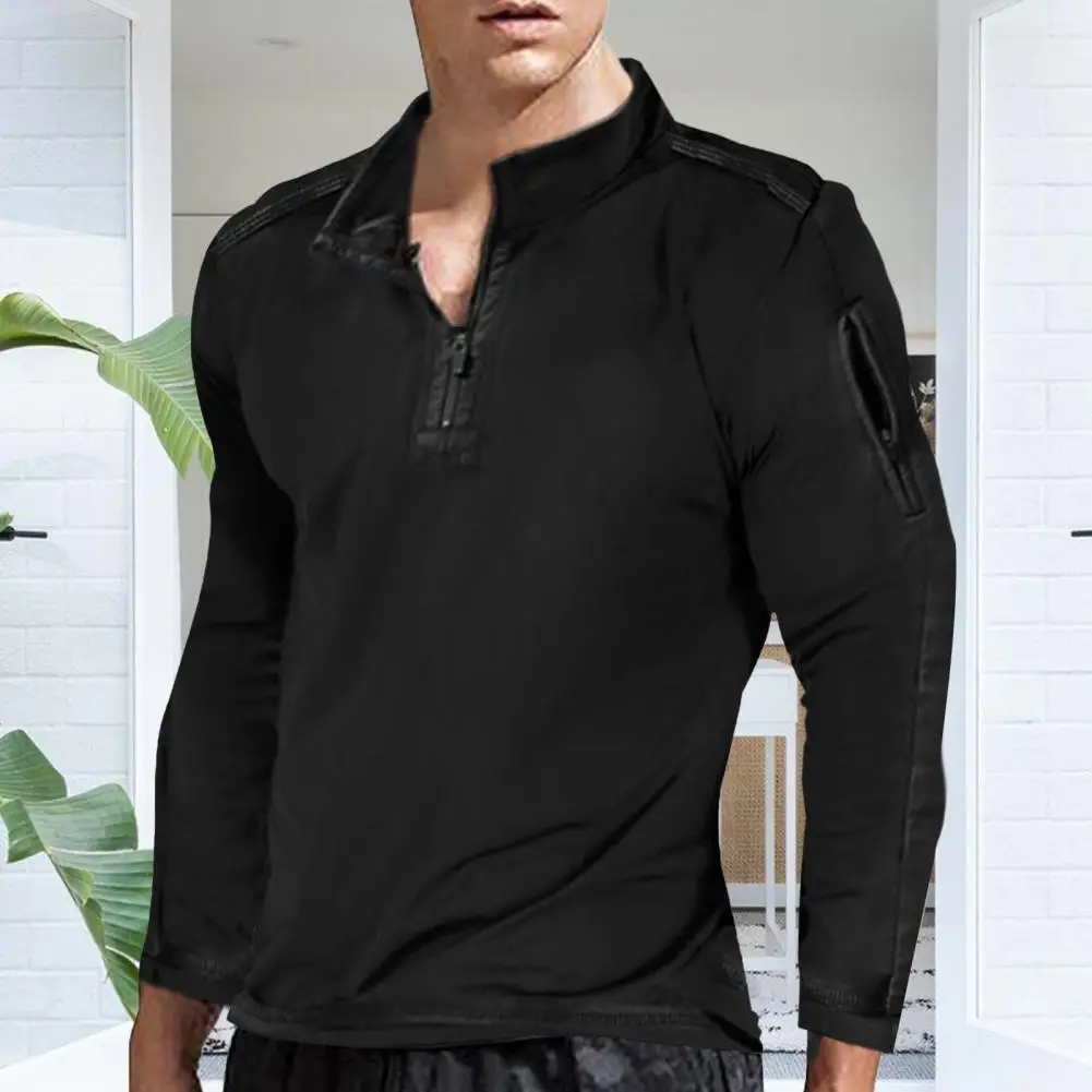 Men Spring Fall Shirt Zippered Turn-down Collar Loose Long Sleeves Mid Length Top Pure Color Pullover Sports Fitness Daily Wear