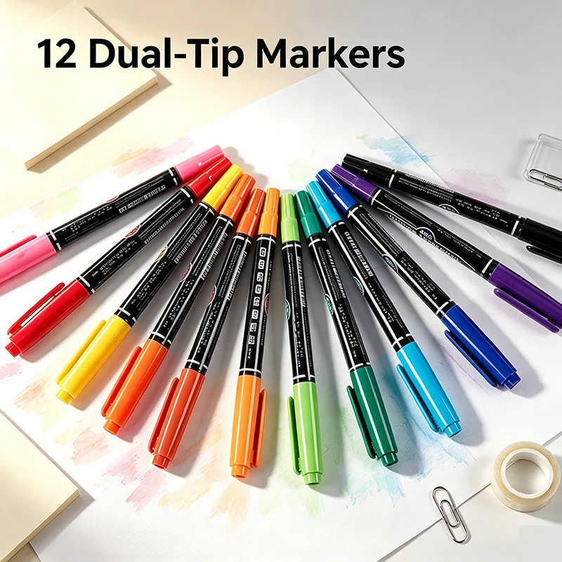 12Pcs Dual Tip Permanent Marker – Oil-Based Waterproof Quick-Dry, Fine & Chisel Nib for School Office Factory Use