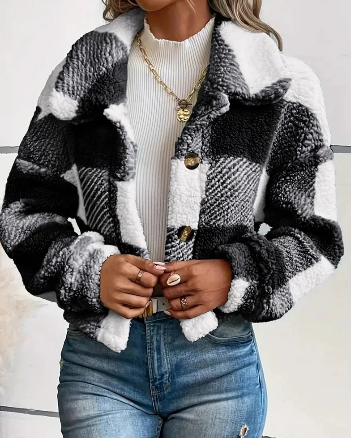 Women's Jacket 2024 Autumn Fashion Plaid Pattern Turn-Down Collar Button Front Long Sleeve Casual Daily Crop Teddy Coat