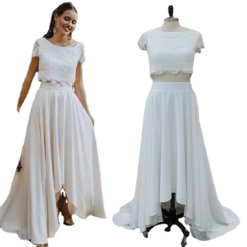 فستان زفاف دانتيل مكون من قطعتين عبر الحدود: أكمام قصيرة، تنحيف، فتحة خلفية من الساتان، مسمار سفر، نسيج خفيف الوزن #1