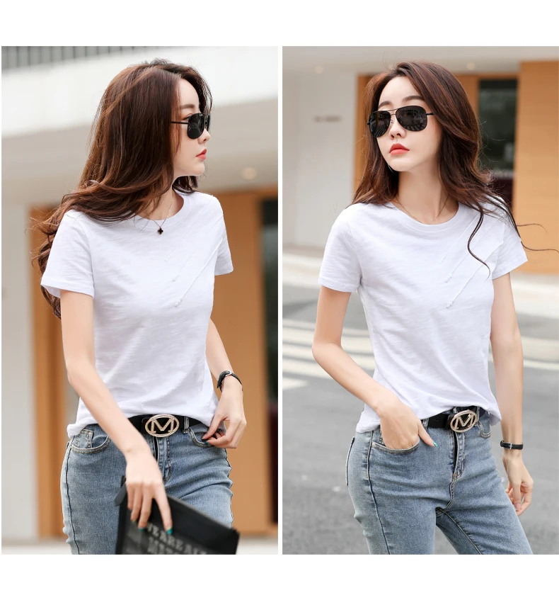 AOSSVIAO 2026 Summer Solid Color Women's T-Shirts Slub Cotton O-Neck Short Sleeve T-Shirt Loose Casual Simple Button Basic Top