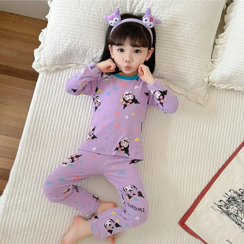 New Toddler Kids Pajamas Suit Sanrio Kuromi Hello Kitty Kawaii Girl Cotton Four Seasons Lounge Clothes Two Piece Set Cartoon