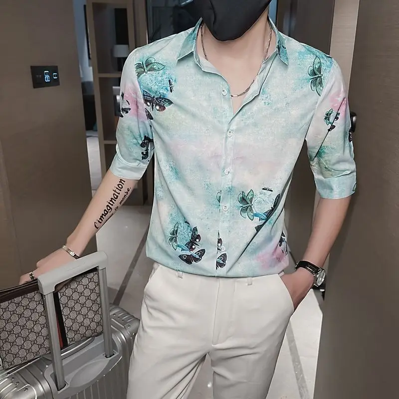 Vintage Printed Lapel Button All-match Floral Shirts Men\'s Clothing 2024 Spring New Oversized Casual Tops Half Sleeve Shirt