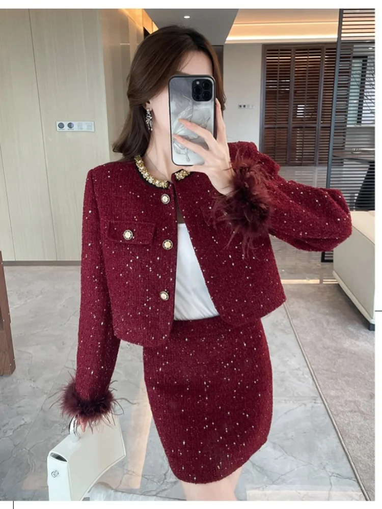 High End Small Fragrance Style Two-Piece Set New Autumn Winter Cotton Beaded Short Jacket Women\'s Christmas 2 Piece Outfits