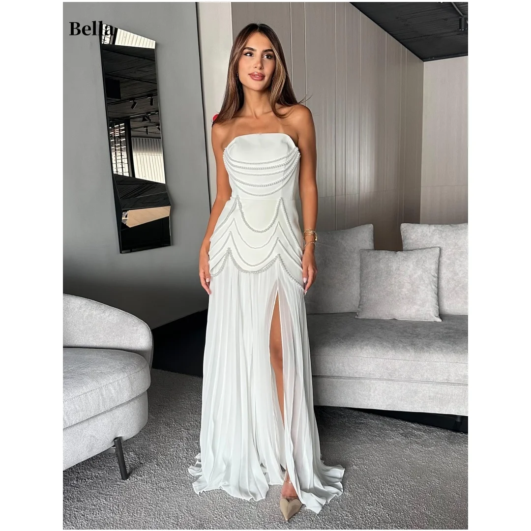 

Bella Customized White Pearls Side Slit robes de soirée Strapless Backless Sleeveless Party Dresses Floor-Length Prom Dress 2025