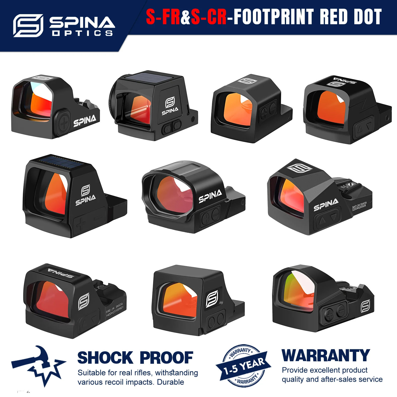 SPINA OPTICS Red Dot Sight Solar Shake Awake S-FR MOS G17/19 HS 407C/507C/508T RMSC HS 407K/507K G48/43x Mos/P365XL, etc.