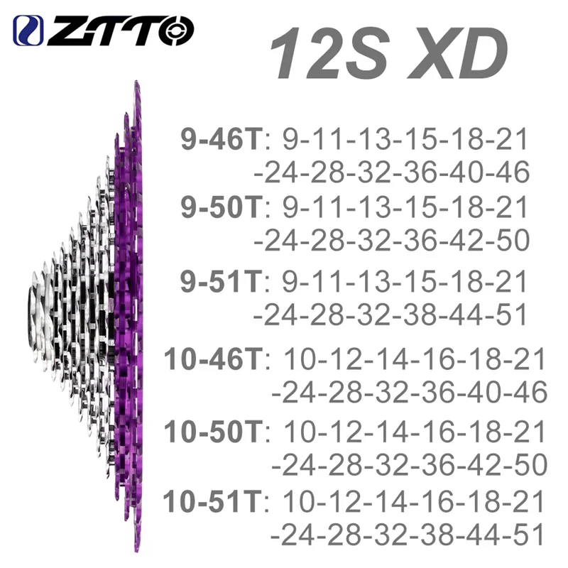ZTTO MTB XD Cassette 12S 9/10-46T/50T/51T SLR3 K7 Purple-Silver 12-Speed Super Light Options Universal CNC Sprocket 272g-310g