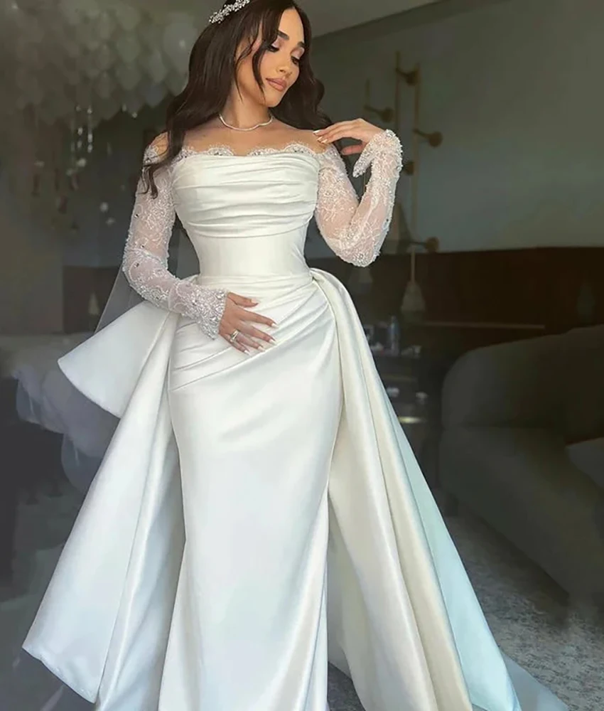 

Изысканное атласное вечернее платье MCDV в стиле русалка с открытыми плечами, кружевом и кристаллами, нежное платье с вырезом-лодочкой, пошитое на заказ для особых случаев