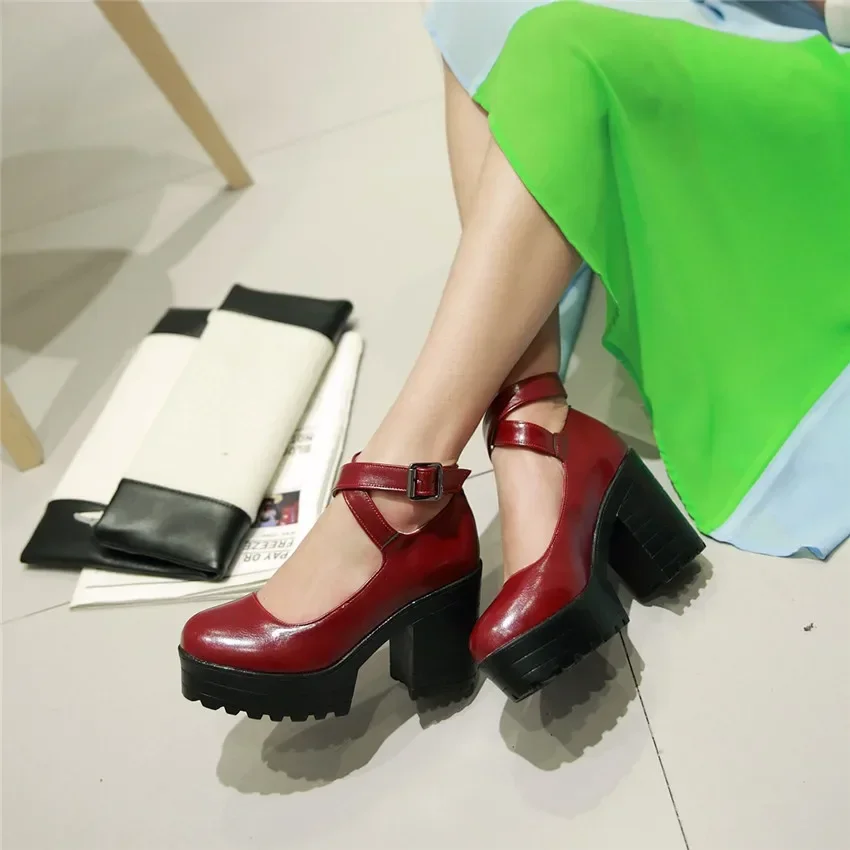 Woman Platform Pumps White Black Red Quality PU High Thick Block Heels Casual Party Dress Buckle Ankle Strap Vintage Lady Shoes