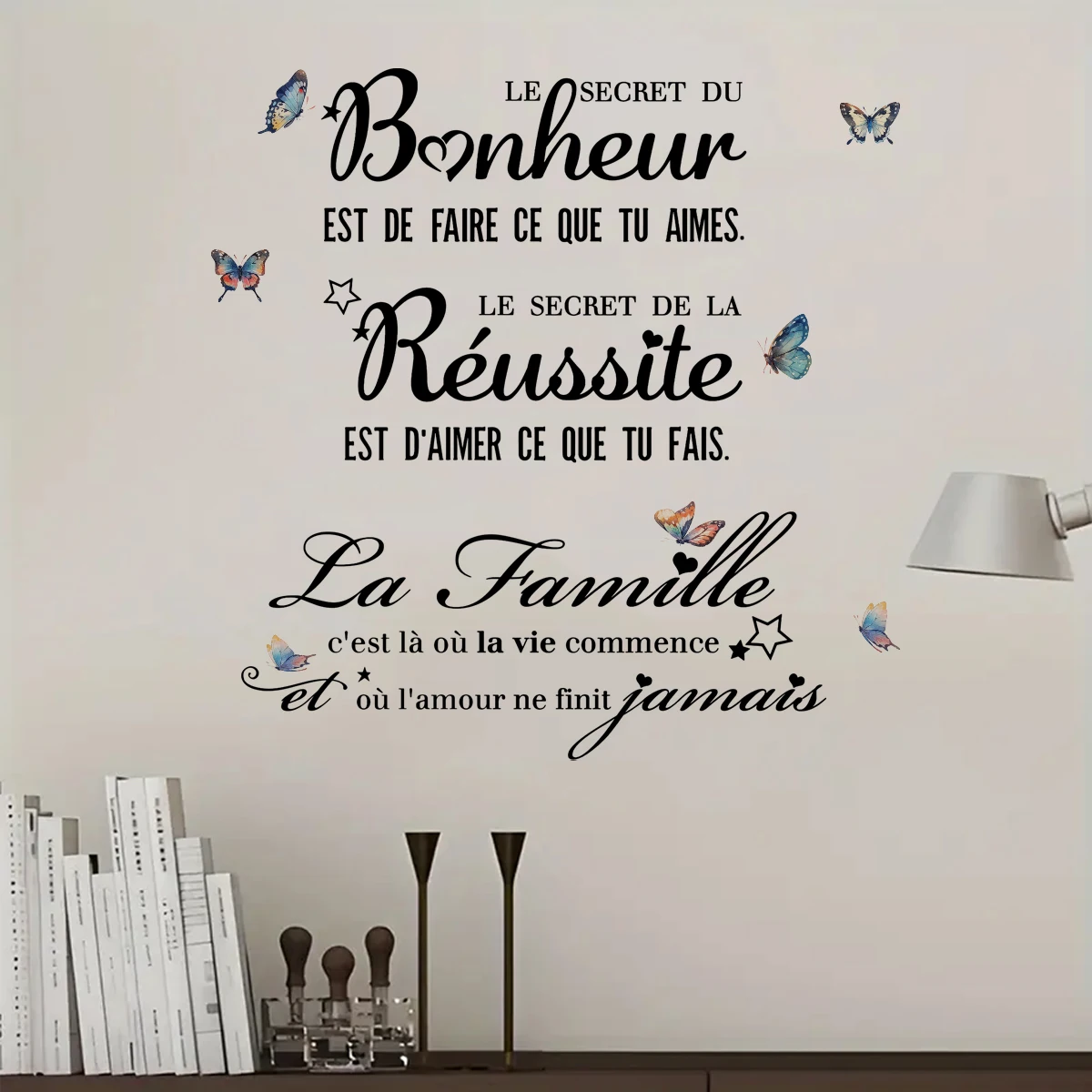 

French Saying Butterfly Wall Sticker Set Le Secret and La Famille Wall Sticker Self-Adhesive PVC Wall Pictures Living Room Decor