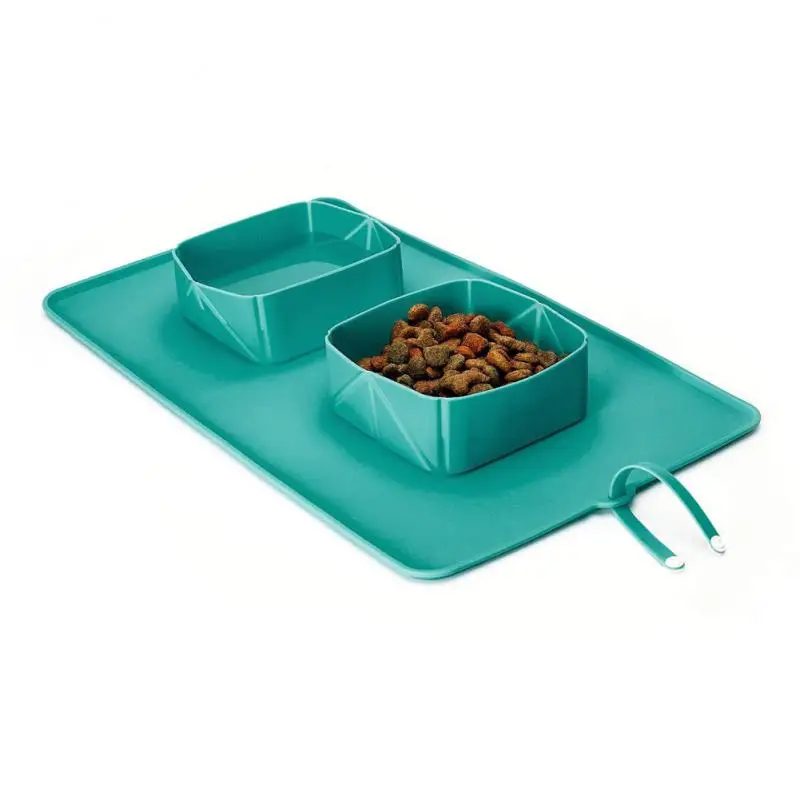 Pet Bowl 600ml Cat Dog Pet Bowl Folding Silicone Double Bowl Flannel Bag Dog Bowl Outdoor Puppy Food Container Portable Pet Bowl