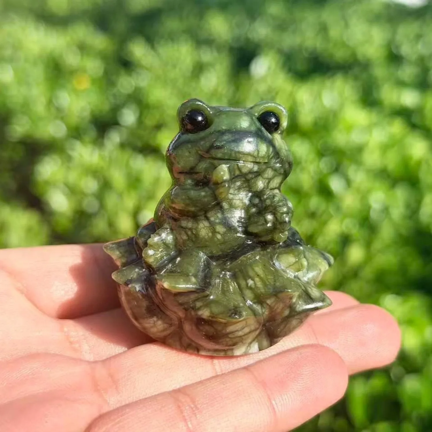 Natural Serpentine Frog on Lotus Carving, Hand Polished Crystal Figurine, Healing Mineral Stone Home Decor Collection Gift